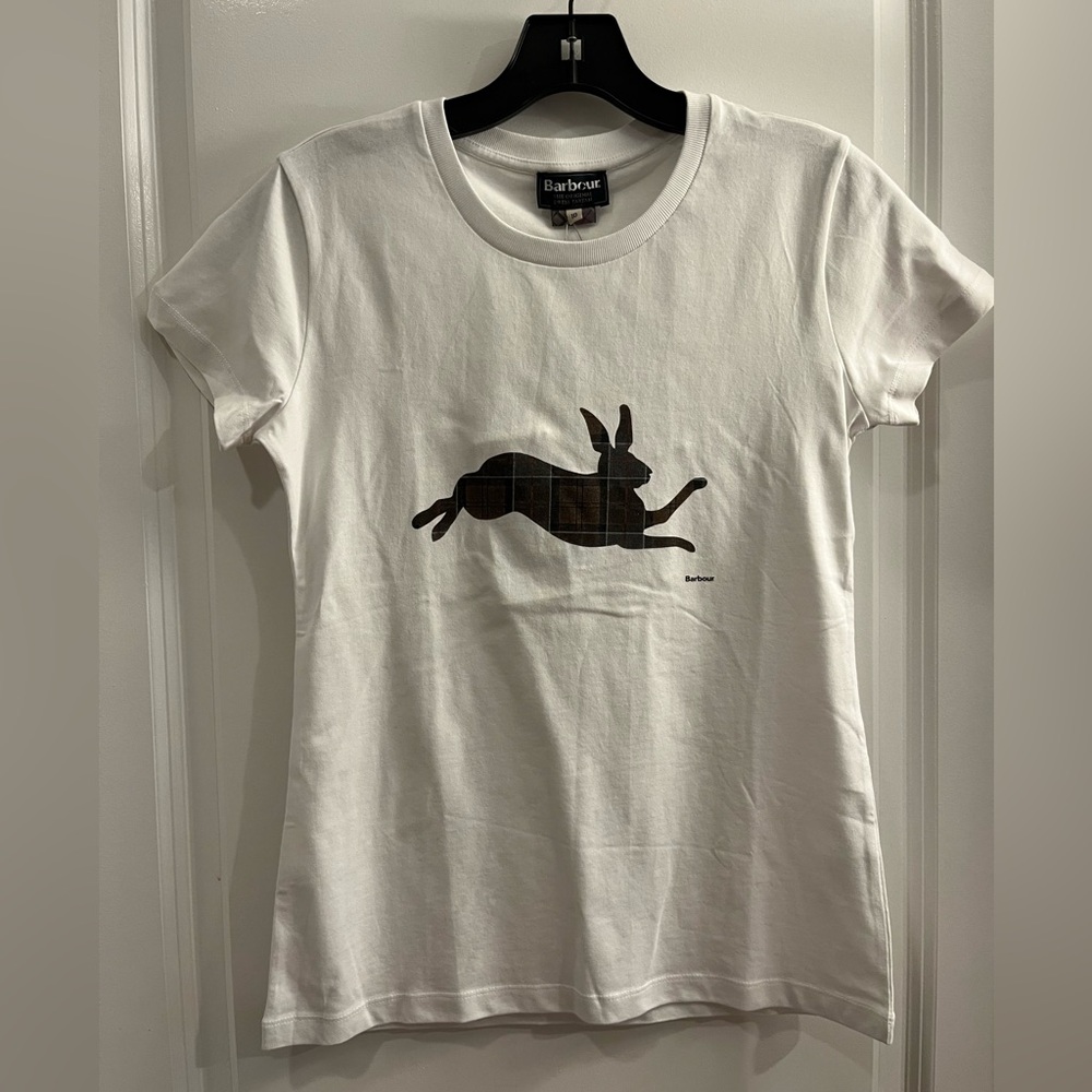 Barbour White Tee with Brown Rabbit Design, US size 6